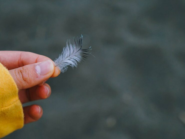 Toddler holding a feather at day care 