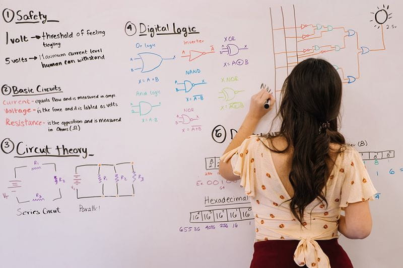 Adult learner doing engineering problem on whiteboard