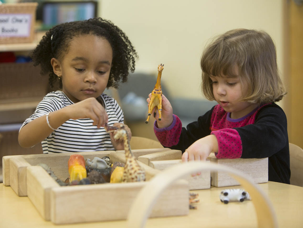 Preschool girls playing with toy animals together